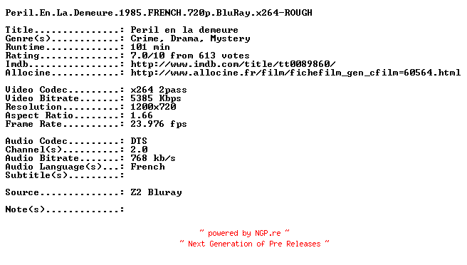 NFO for the release Peril.En.La.Demeure.1985.FRENCH.720p.BluRay.x264-ROUGH by ROUGH