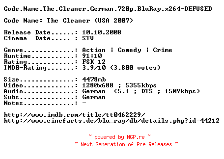 NFO for the release Code.Name.The.Cleaner.German.720p.BluRay.x264-DEFUSED by DEFUSED