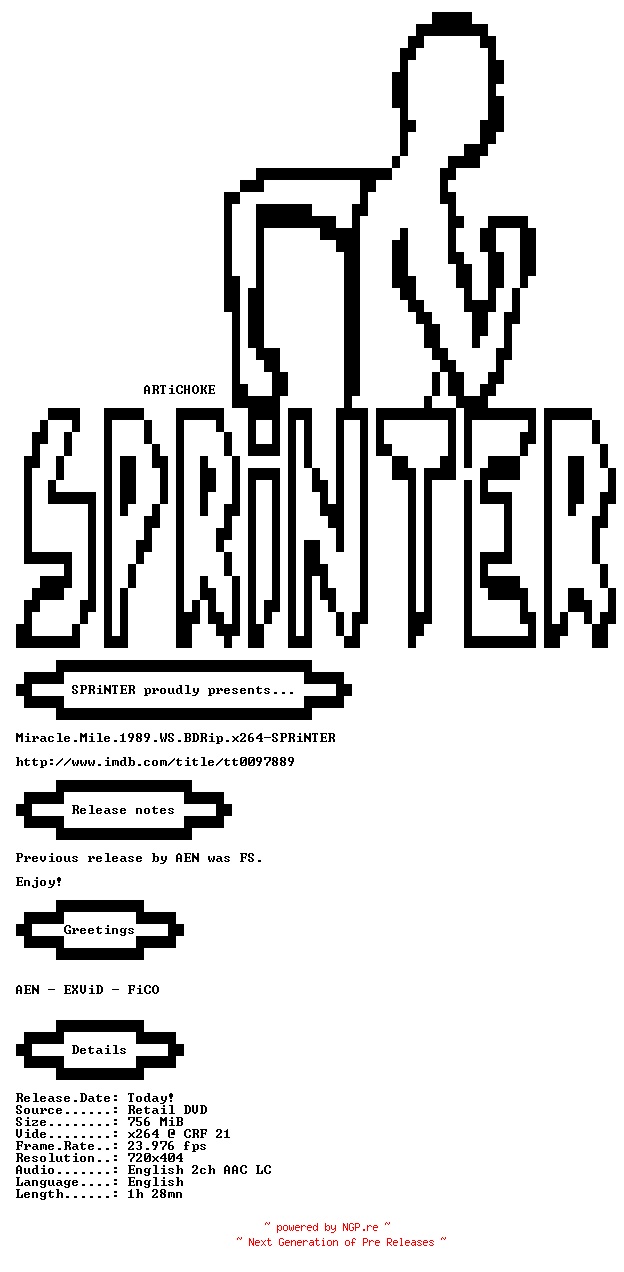 NFO for the release Miracle.Mile.1989.WS.BDRip.x264-SPRiNTER by SPRiNTER