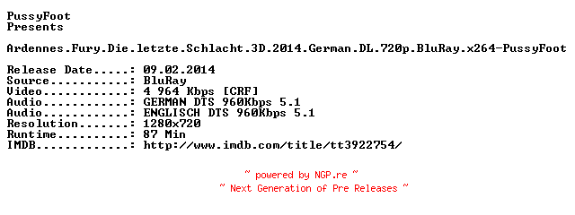 NFO for the release Ardennes.Fury.Die.letzte.Schlacht.3D.2014.German.DL.720p.BluRay.x264-PussyFoot by PussyFoot