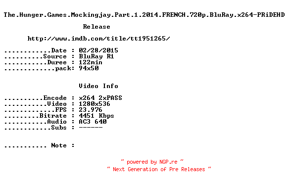 NFO for the release The.Hunger.Games.Mockingjay.Part.1.2014.FRENCH.720p.BluRay.x264-PRiDEHD by PRiDEHD