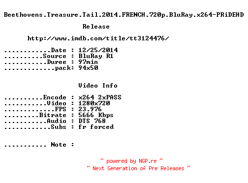 NFO for the release Beethovens.Treasure.Tail.2014.FRENCH.720p.BluRay.x264-PRiDEHD by PRiDEHD