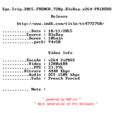 NFO for the release Ego.Trip.2015.FRENCH.720p.BluRay.x264-PRiDEHD by PRiDEHD