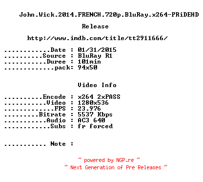 NFO for the release John.Wick.2014.FRENCH.720p.BluRay.x264-PRiDEHD by PRiDEHD