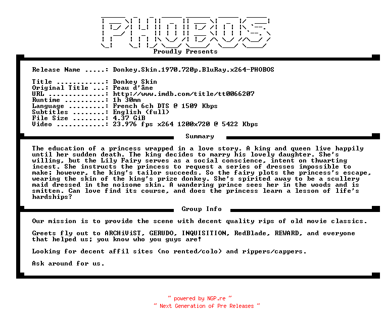 NFO for the release Donkey.Skin.1970.720p.BluRay.x264-PHOBOS by PHOBOS