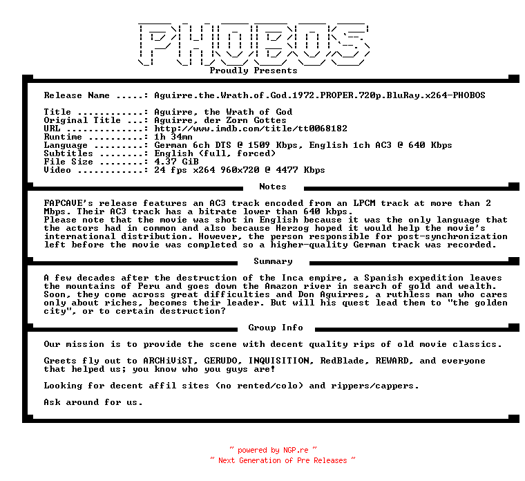 NFO for the release Aguirre.the.Wrath.of.God.1972.PROPER.720p.BluRay.x264-PHOBOS by PHOBOS