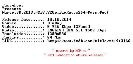 NFO for the release Nurse.3D.2013.HSBS.720p.BluRay.x264-PussyFoot by PussyFoot