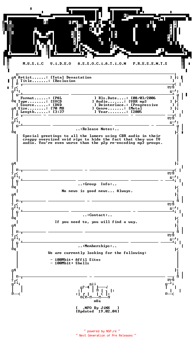 NFO for the release Total_devastation-reclusion-dvdrip-svcd-2005-mVa by mVa