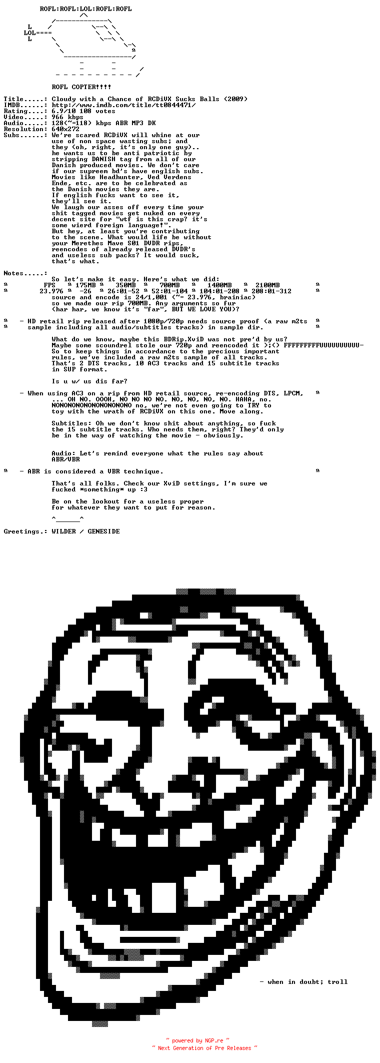 NFO for the release Cloudy.with.a.Chance.of.Meatballs.2009.DANISH.BDRip.XviD-SMOKEY by SMOKEY