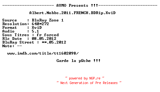 NFO for the release Albert.Nobbs.2011.FRENCH.BDRip.XviD-AYMO by AYMO