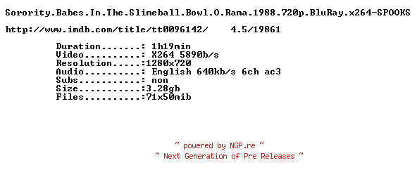 NFO for the release Sorority.Babes.In.The.Slimeball.Bowl.O.Rama.1988.720p.BluRay.x264-SPOOKS by SPOOKS