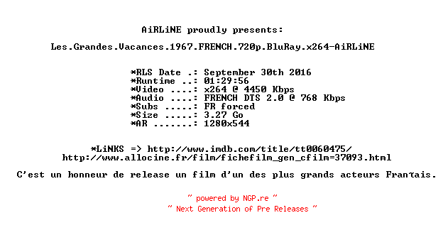 NFO for the release Les.Grandes.Vacances.1967.FRENCH.720p.BluRay.x264-AiRLiNE by AiRLiNE