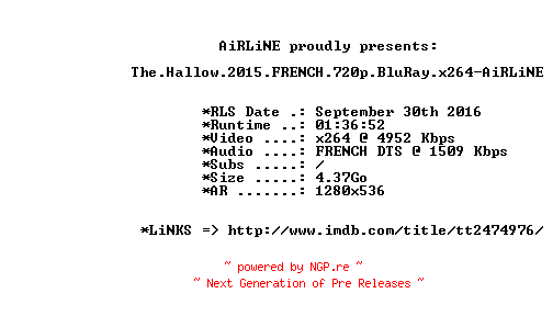 NFO for the release The.Hallow.2015.FRENCH.720p.BluRay.x264-AiRLiNE by AiRLiNE