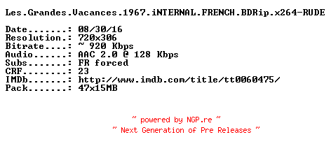 NFO for the release Les.Grandes.Vacances.1967.iNTERNAL.FRENCH.BDRip.x264-RUDE by RUDE