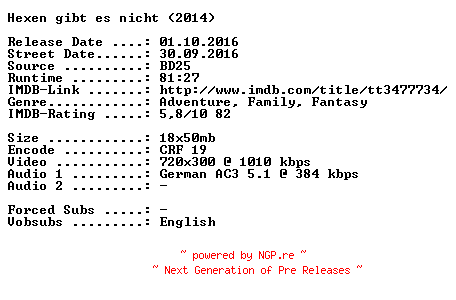 NFO for the release Hexen.gibt.es.nicht.German.2014.AC3.BDRip.x264-SPiCY by SPiCY
