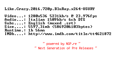 NFO for the release Like.Crazy.2016.720p.BluRay.x264-USURY by USURY