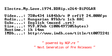 NFO for the release Electra.My.Love.1974.BDRip.x264-BiPOLAR by BiPOLAR