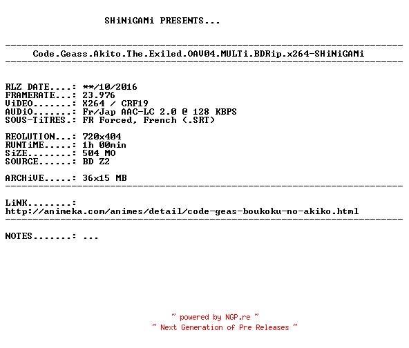 NFO for the release Code.Geass.Akito.The.Exiled.OAV04.MULTi.BDRip.x264-SHiNiGAMi by SHiNiGAMi