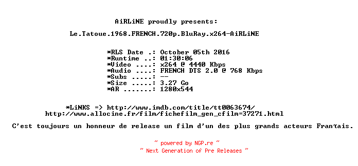 NFO for the release Le.Tatoue.1968.FRENCH.720p.BluRay.x264-AiRLiNE by AiRLiNE