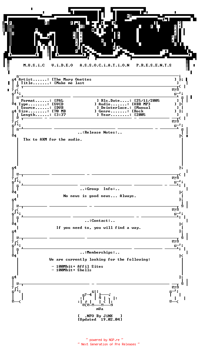 NFO for the release The_mary_onettes-make_me_last-svcd-2005-mVa by mVa