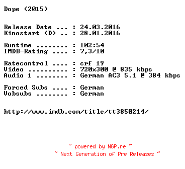 NFO for the release Dope.German.2015.AC3.BDRiP.x264-EXQUiSiTE by EXQUiSiTE