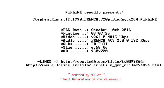 NFO for the release Stephen.Kings.IT.1990.FRENCH.720p.BluRay.x264-AiRLiNE by AiRLiNE