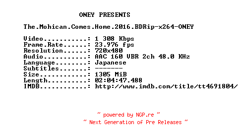 NFO for the release The.Mohican.Comes.Home.2016.BDRip-x264-ONEY by ONEY