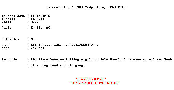 NFO for the release Exterminator.2.1984.720p.BluRay.x264-EiDER by EiDER