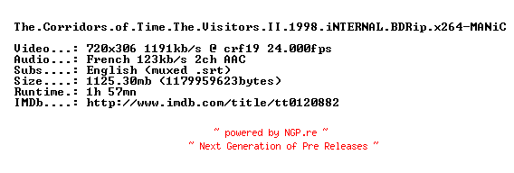 NFO for the release The.Corridors.of.Time.The.Visitors.II.1998.iNTERNAL.BDRip.x264-MANiC by MANiC