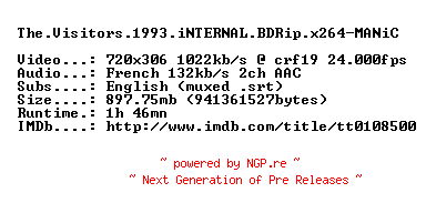 NFO for the release The.Visitors.1993.iNTERNAL.BDRip.x264-MANiC by MANiC
