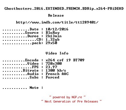 NFO for the release Ghostbusters.2016.EXTENDED.FRENCH.BDRip.x264-PRiDEHD by PRiDEHD