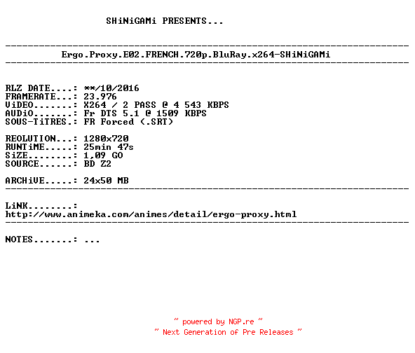 NFO for the release Ergo.Proxy.E02.FRENCH.720p.BluRay.x264-SHiNiGAMi by SHiNiGAMi