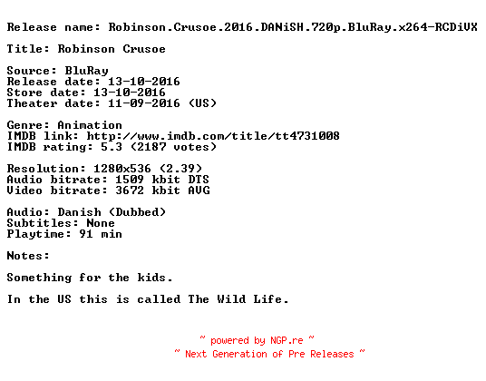 NFO for the release Robinson.Crusoe.2016.DANiSH.720p.BluRay.x264-RCDiVX by RCDiVX