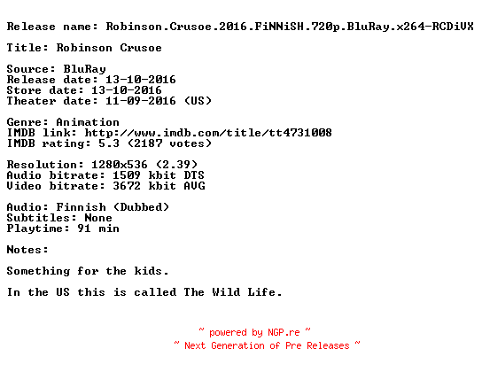 NFO for the release Robinson.Crusoe.2016.FiNNiSH.720p.BluRay.x264-RCDiVX by RCDiVX