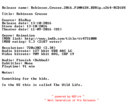 NFO for the release Robinson.Crusoe.2016.FiNNiSH.BDRip.x264-RCDiVX by RCDiVX