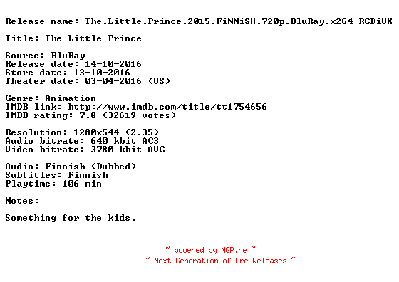 NFO for the release The.Little.Prince.2015.FiNNiSH.720p.BluRay.x264-RCDiVX by RCDiVX