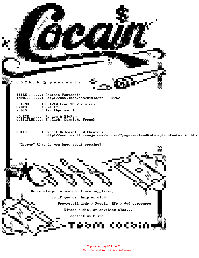 NFO for the release Captain.Fantastic.2016.BDRip.x264-COCAIN by COCAIN