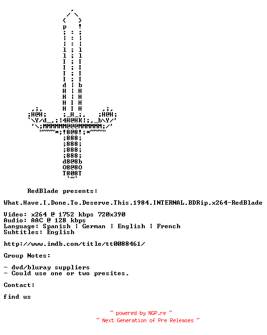 NFO for the release What.Have.I.Done.To.Deserve.This.1984.INTERNAL.BDRip.x264-RedBlade by RedBlade