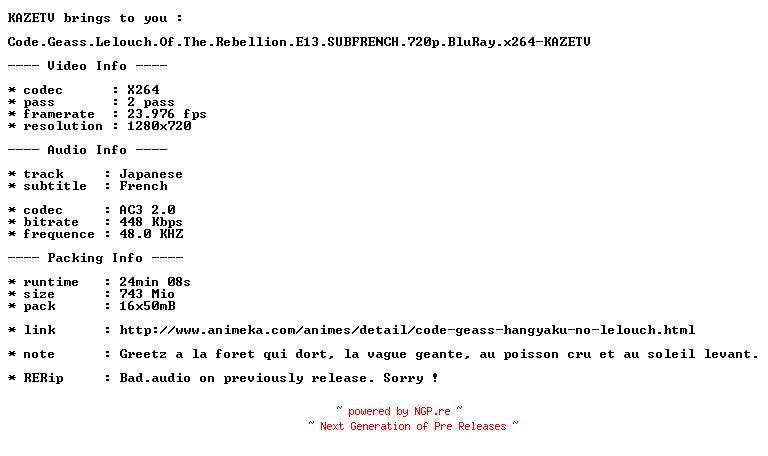 NFO for the release Code.Geass.Lelouch.Of.The.Rebellion.E13.SUBFRENCH.RERiP.720p.BluRay.x264-KAZETV by KAZETV