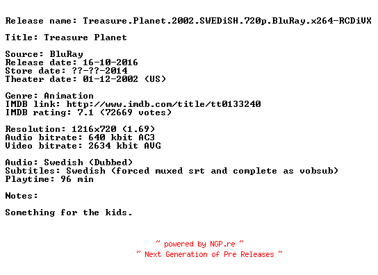 NFO for the release Treasure.Planet.2002.SWEDiSH.720p.BluRay.x264-RCDiVX by RCDiVX