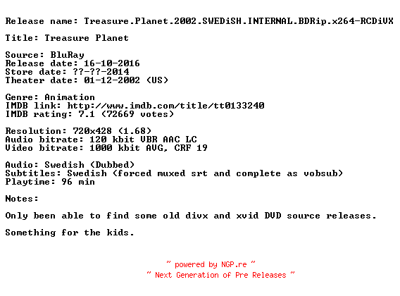 NFO for the release Treasure.Planet.2002.SWEDiSH.INTERNAL.BDRip.x264-RCDiVX by RCDiVX