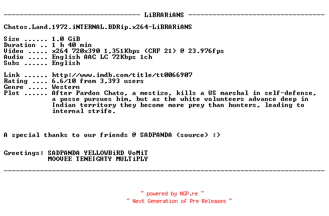 NFO for the release Chatos.Land.1972.iNTERNAL.BDRip.x264-LiBRARiANS by LiBRARiANS