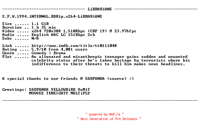 NFO for the release S.F.W.1994.iNTERNAL.BDRip.x264-LiBRARiANS by LiBRARiANS