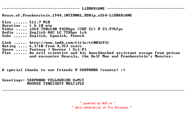 NFO for the release House.of.Frankenstein.1944.iNTERNAL.BDRip.x264-LiBRARiANS by LiBRARiANS