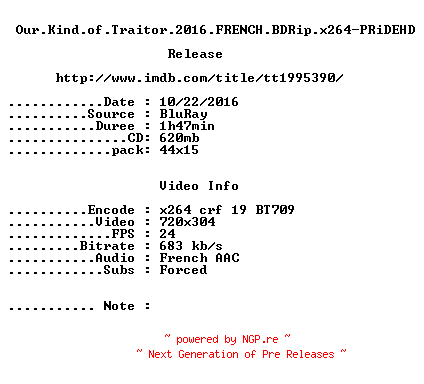NFO for the release Our.Kind.of.Traitor.2016.FRENCH.BDRip.x264-PRiDEHD by PRiDEHD
