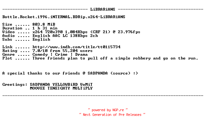 NFO for the release Bottle.Rocket.1996.iNTERNAL.BDRip.x264-LiBRARiANS by LiBRARiANS