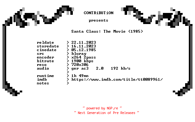 NFO for the release Santa.Claus.The.Movie.1985.REMASTERED.German.BDRip.x264-CONTRiBUTiON by CONTRiBUTiON