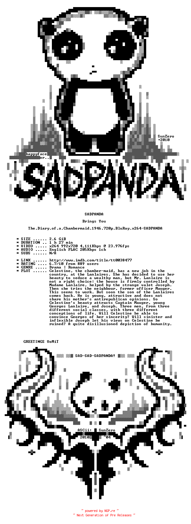 NFO for the release The.Diary.of.a.Chambermaid.1946.720p.BluRay.x264-SADPANDA by SADPANDA