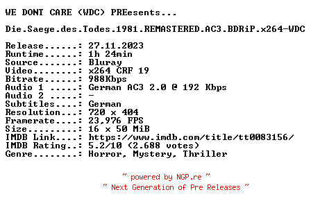 NFO for the release Die.Saege.des.Todes.German.1981.REMASTERED.AC3.BDRiP.x264-WDC by WDC
