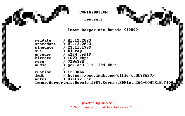 NFO for the release Immer.Aerger.mit.Bernie.1989.REMASTERED.German.BDRip.x264.DiRFiX-CONTRiBUTiON by CONTRiBUTiON